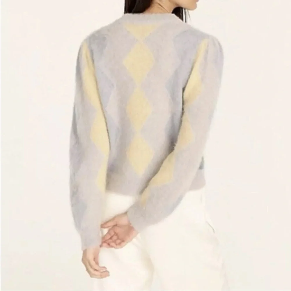 J. CREW Diamond Checked Argyle Cropped Crewneck Sweater Blue Cream Size Small